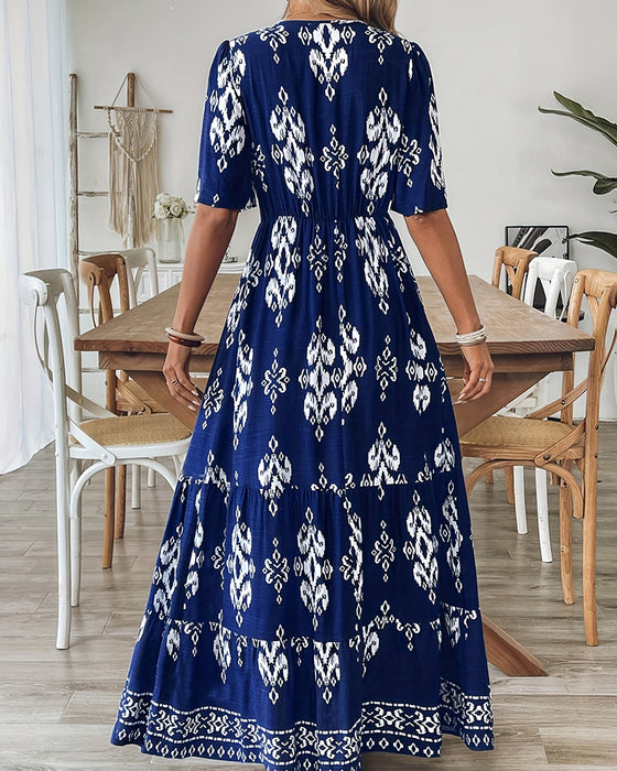 Jurk V-Hals Print Volle Rok Hoge Taille