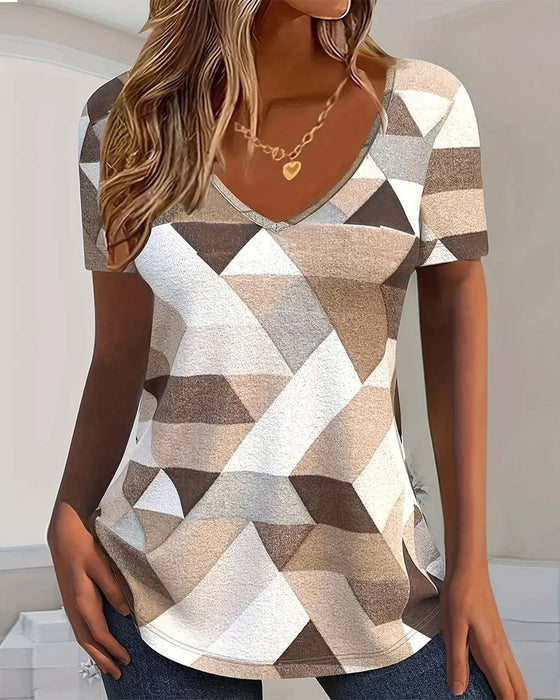 T-shirt Met Casual Kleurblok U-vormig Hals