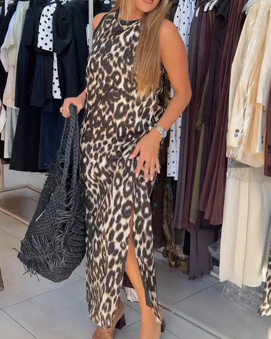 Jurk Rondhals Luipaardprint Mouwloos Maxi