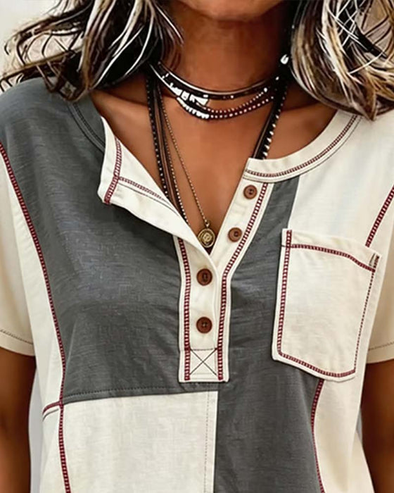 T-Shirt Contrastkleur Rondhals Knoop Patchwork