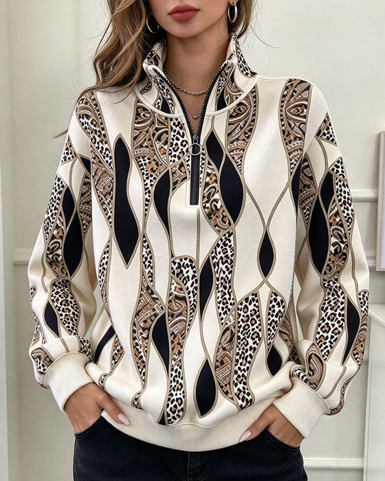 Sweatshirt Geometrisch Paisley Halve Rits Staande Kraag