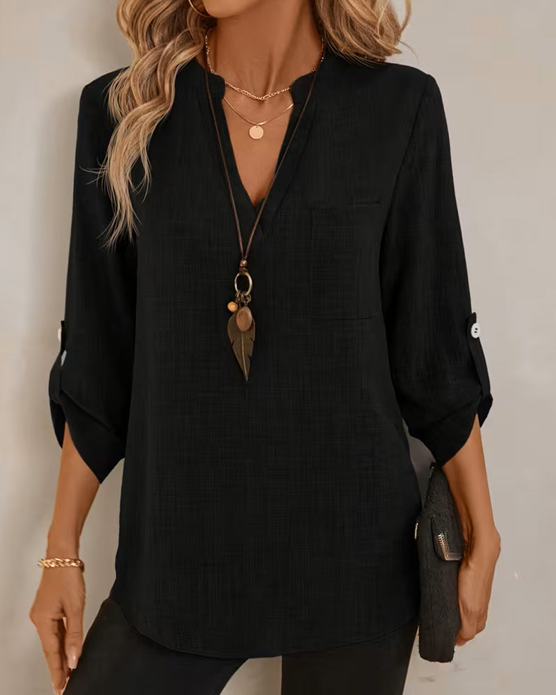 Blouse V-Hals Effen Lange Mouwen Pocket