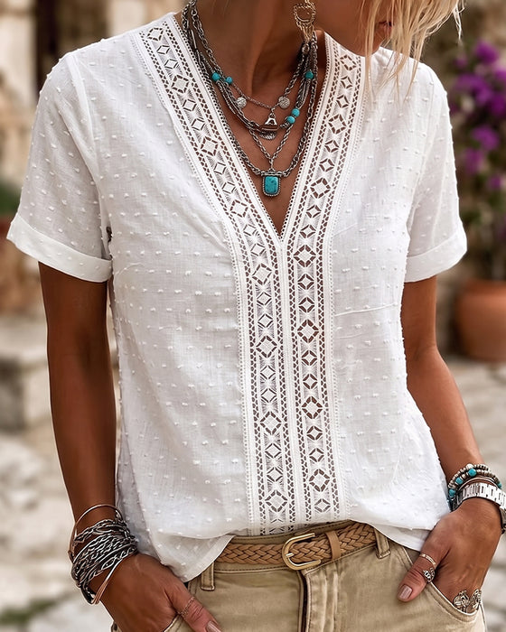 Blouse V-Hals Diamant Uitsnede 3D Bloemig Effen