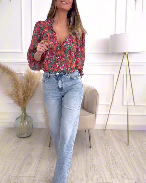 Overhemd met print en button-down met pofmouwen