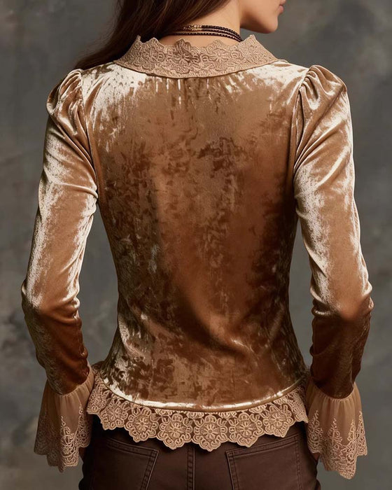 Blouse V-Hals Gerimpeld Kant Paneel