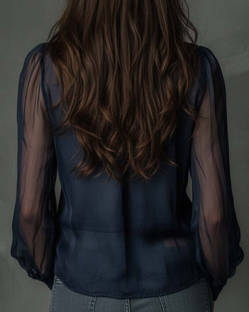 Blouse Half-ritsluiting Gaas Lange-mouw