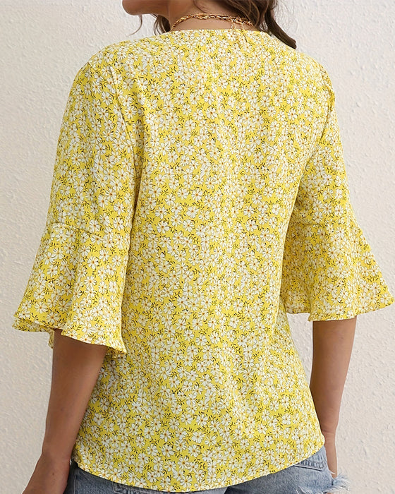 Blouse V-Hals Floraal Vlinder Mouw