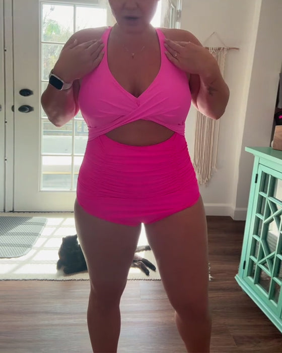 Badpak modieuze kleur blok halter een stuk