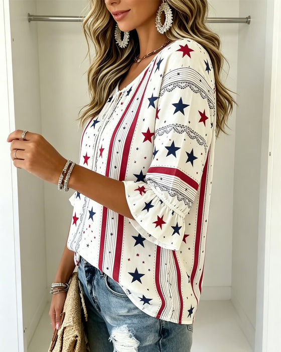 Bedrukte Blouse Met Veters En Ruche Mouwen