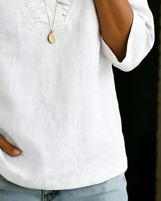 Blouse 100% Katoen Frons V-hals Driekwart Mouw