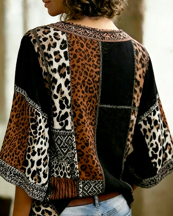 Blouse Luipaard Patchwork Lantaarn Mouw