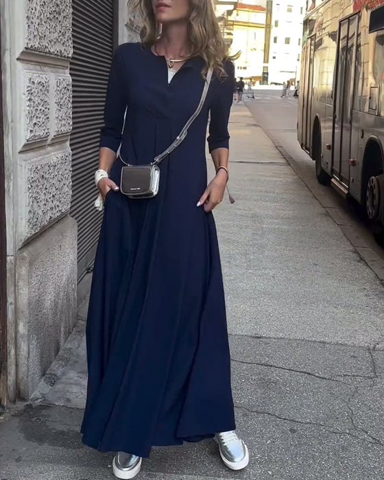 Effen kleur jurk met V-hals in de taille