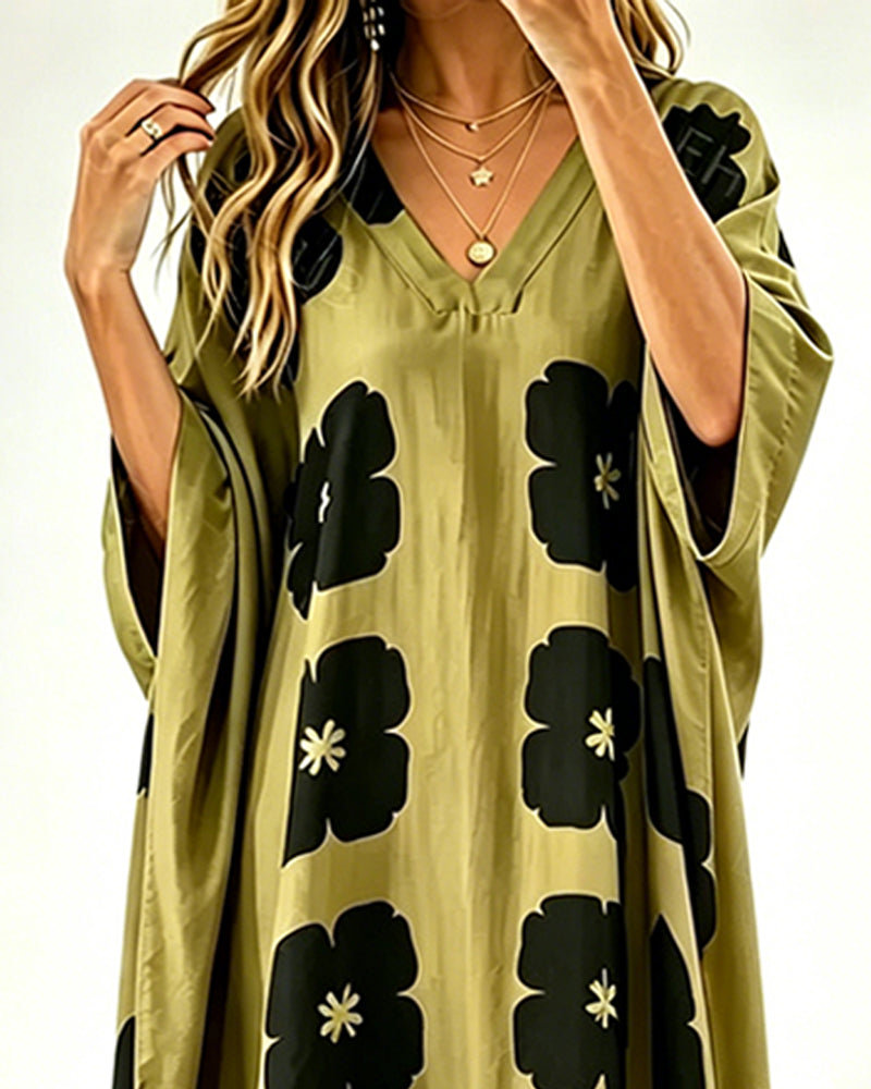 Jurk Print V-Hals Vleermuismouw Loose Fit