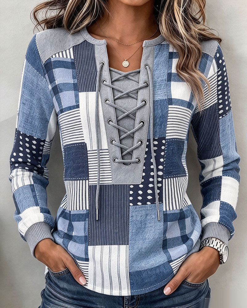Sweatshirt Vetersluiting Geruit Lange Mouw Slim