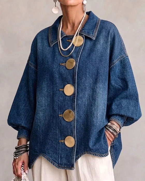 Jas Revers Geknoopt Poef Mouw Denim
