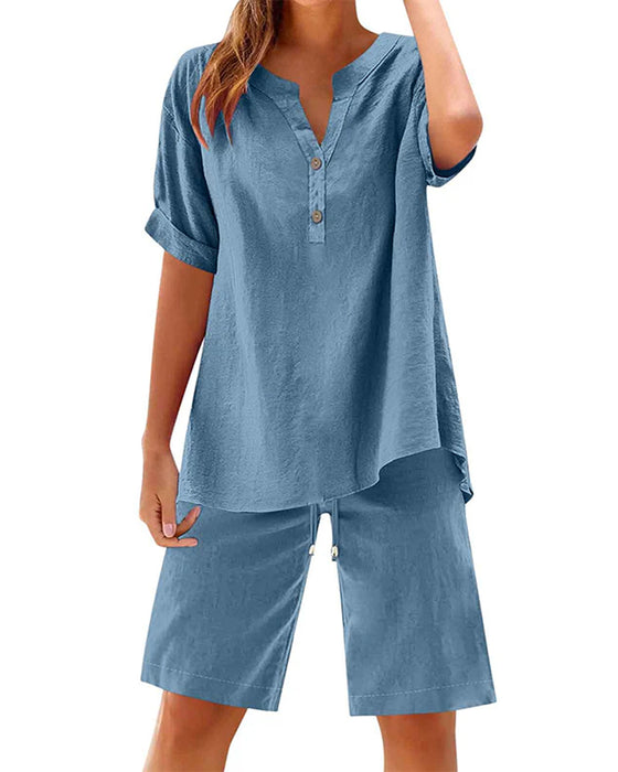 Twee-Delig Set Henley Hals Korte Mouw En Koord Vijf-Punts Wijde Been Broek