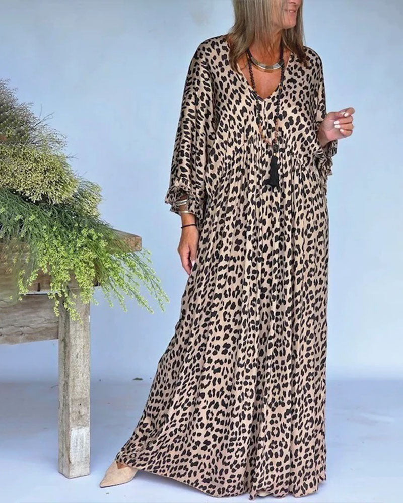 Jurk V-Hals Luipaardprint Loose Fit Casual