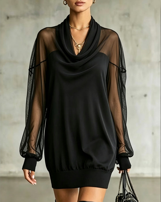 Jurk Cowl Neck Lange Mouw Mesh