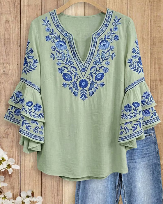 Blouse V-Hals Twee-Niveau Ruffle Klokmouw