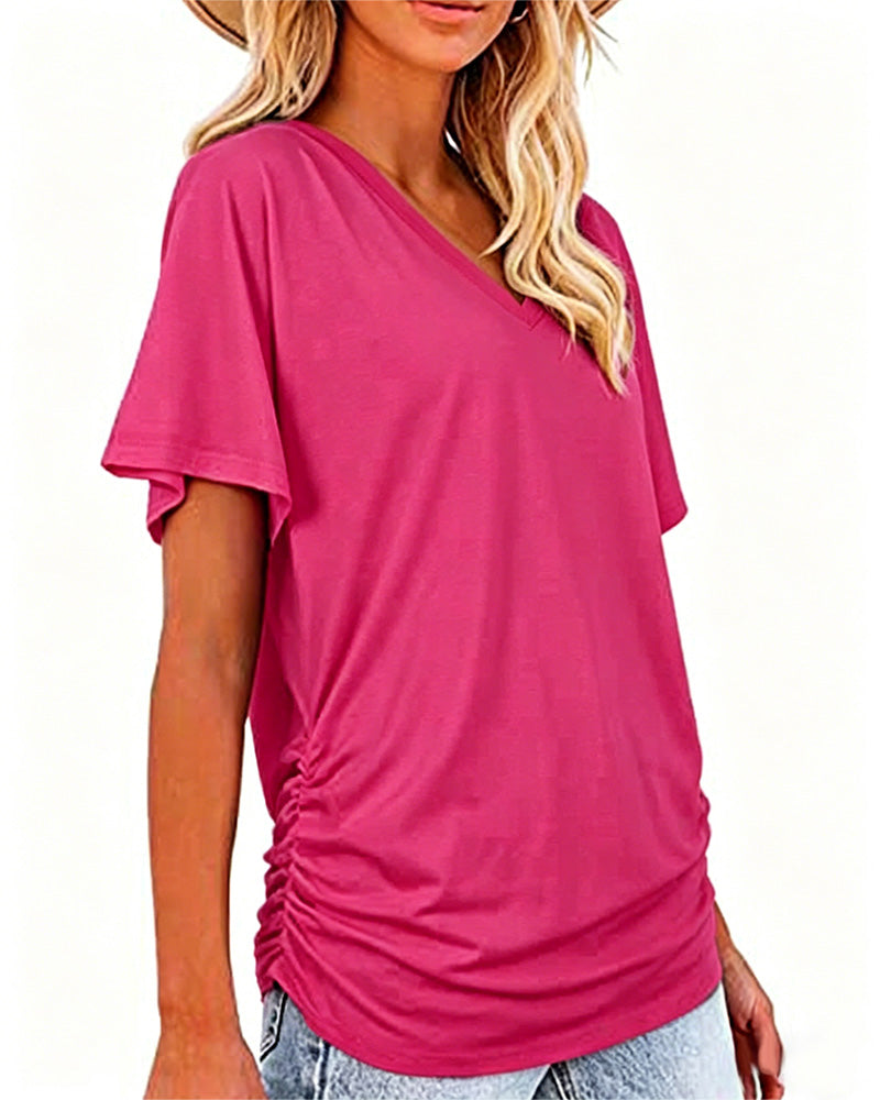 T-Shirt Geplisseerd Effen V-Hals