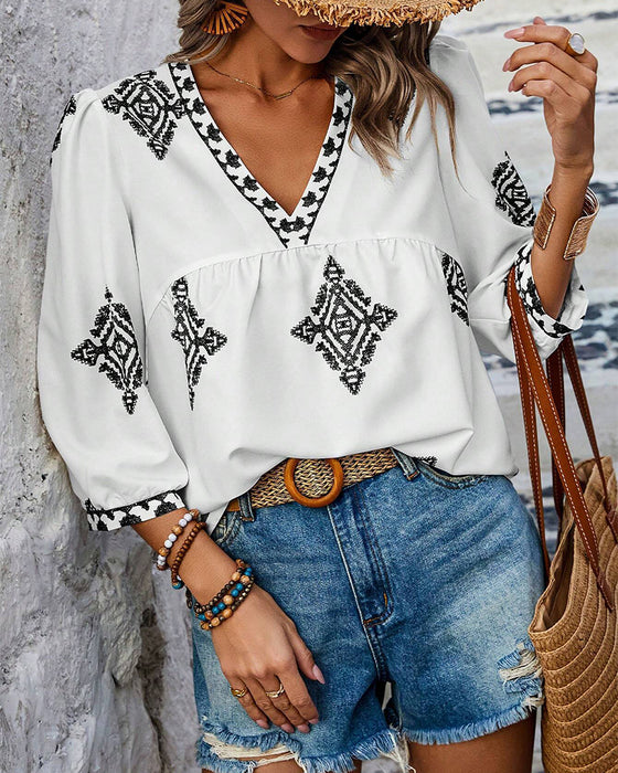 Blouse V-hals Diamantprint Driekwartmouwen