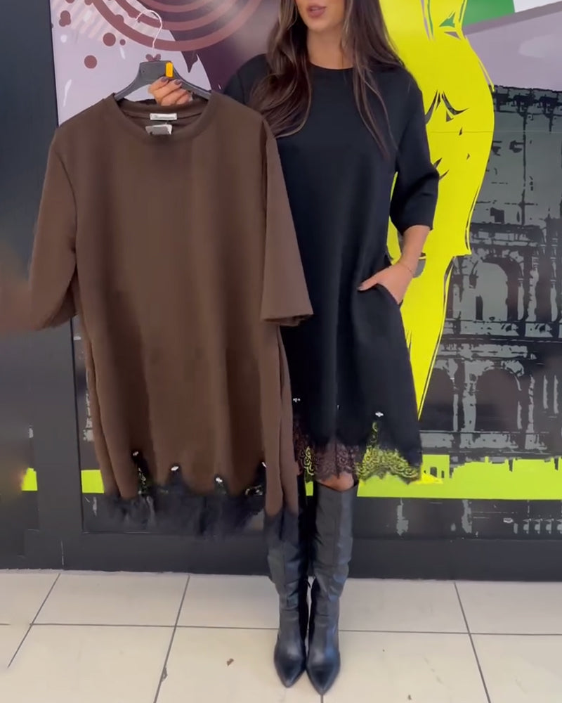 Jurk Elegant Kant Gespleten Ronde Hals