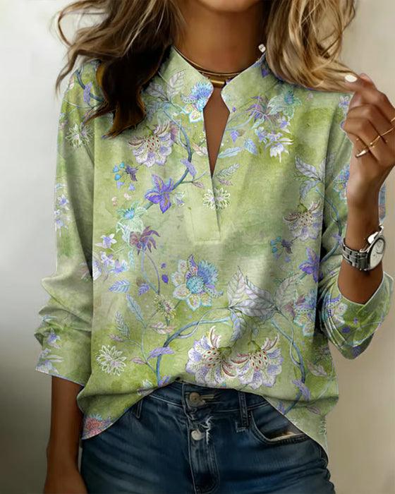 Blouse Opstaande Kraag Lange Mouw Bloemen