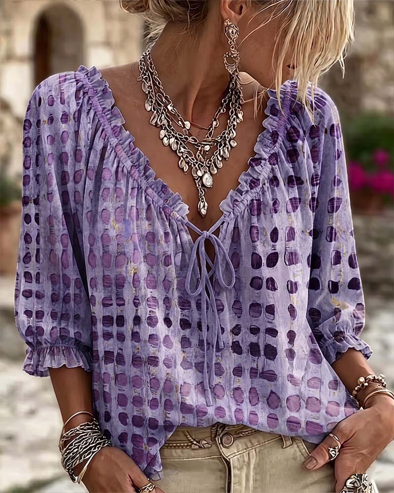 Blouse Stippenpatroon Met Vetersluiting