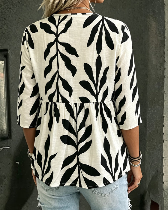 Blouse V-Hals Los Afdruk Korte Mouw