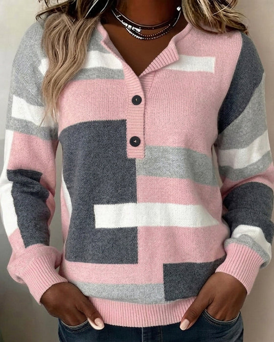 Pullover Geruit Knoopsluiting Voor Lange Mouw