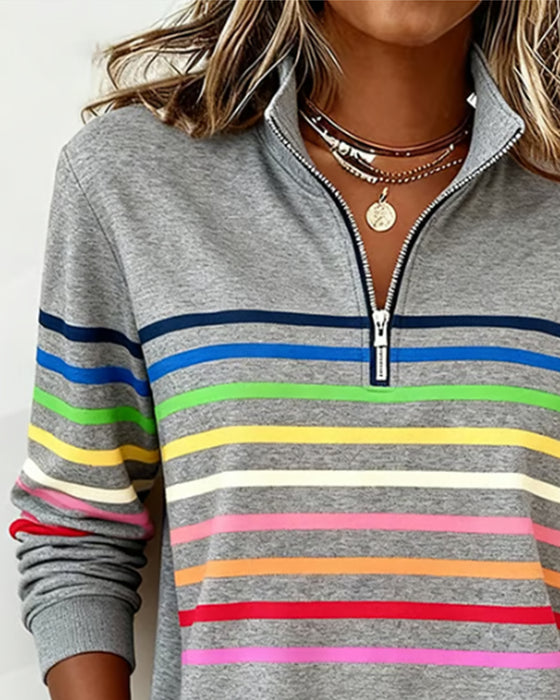 Modieuze Sweatshirt Met Halve Rits En Regenboogstrepen