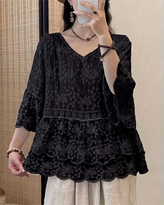Blouse Korte Mouw Kant Trim