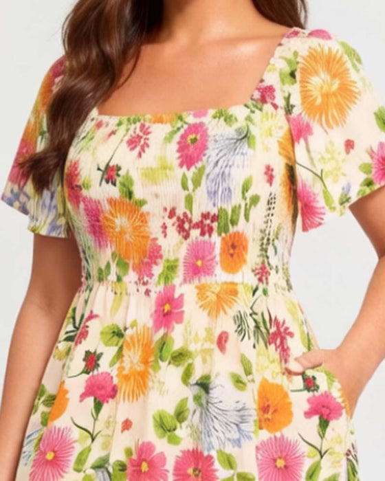 Jurk Vierkante Hals Bloemen Smock Taillelijn