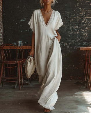 Jurk Effen V-Hals Fashion Lang