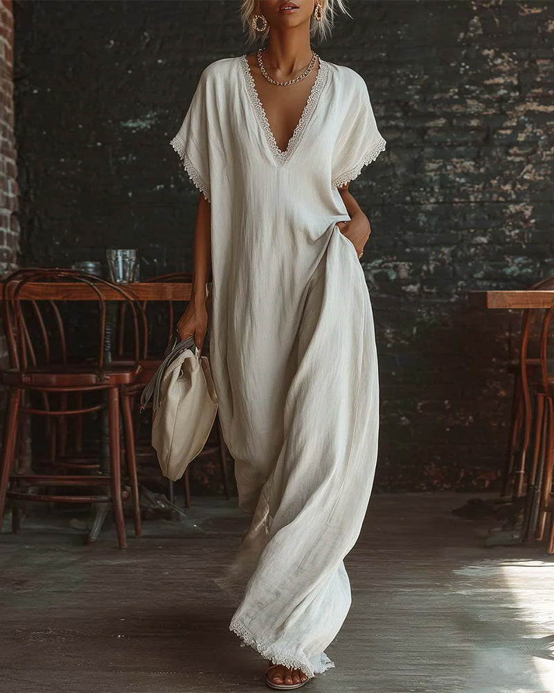 Jurk Effen V-Hals Fashion Lang