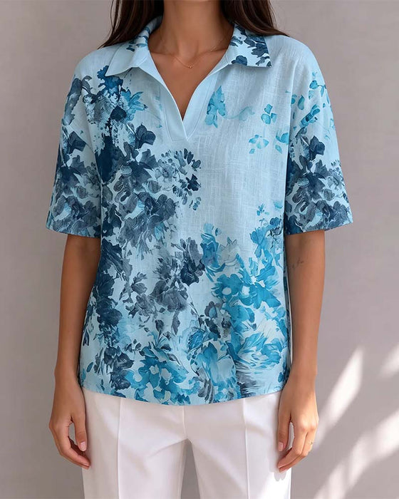 Blouse Inkt Was Bloemen Knoopsgat Half Knoopslits