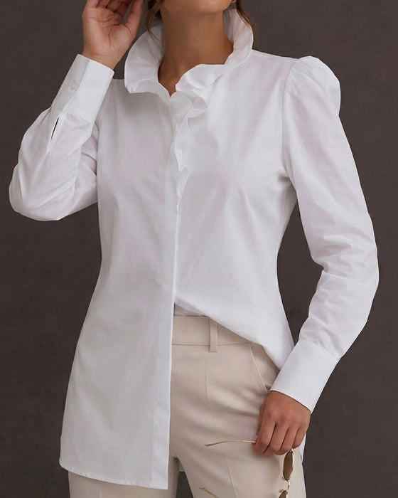 100% Katoen Blouse Ruffle Rand Lange Mouw Pofmouw