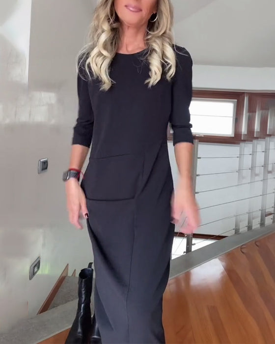 Ronde hals geplooide effen elegante jurk