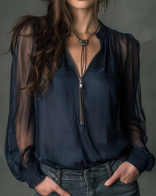 Blouse Half-ritsluiting Gaas Lange-mouw