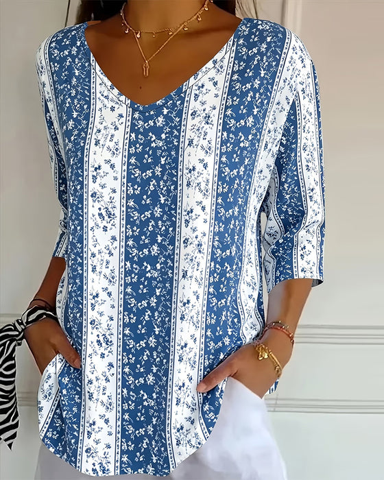 T-Shirts V-Hals Driekwart Mouw Print Casual