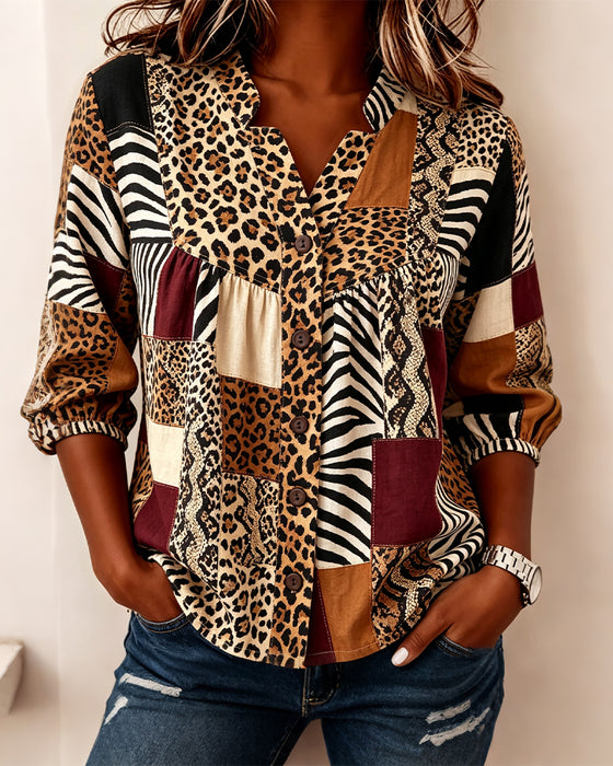 Blouse Luipaard Kleurblok V-Hals