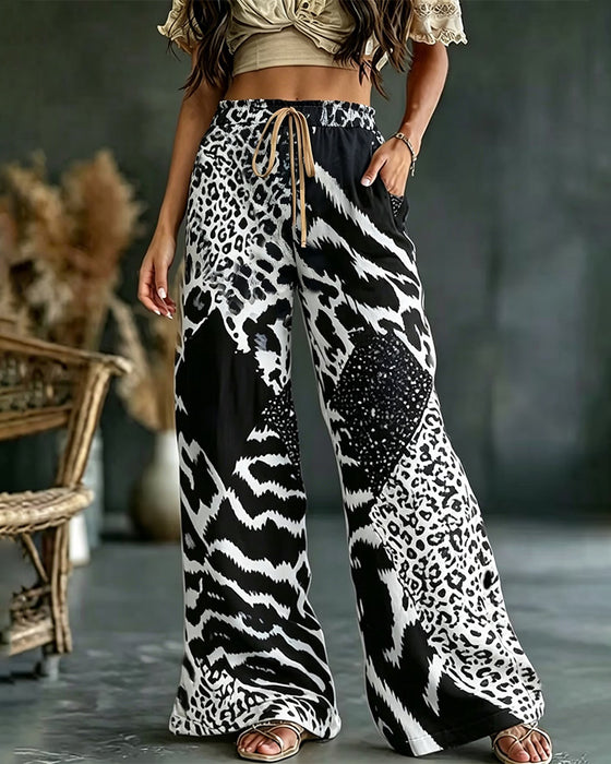 Broek Luipaard Print Patchwork Wijde Pijp Casual