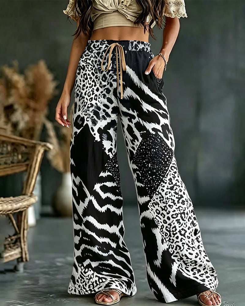 Broek Luipaard Print Patchwork Wijde Pijp Casual