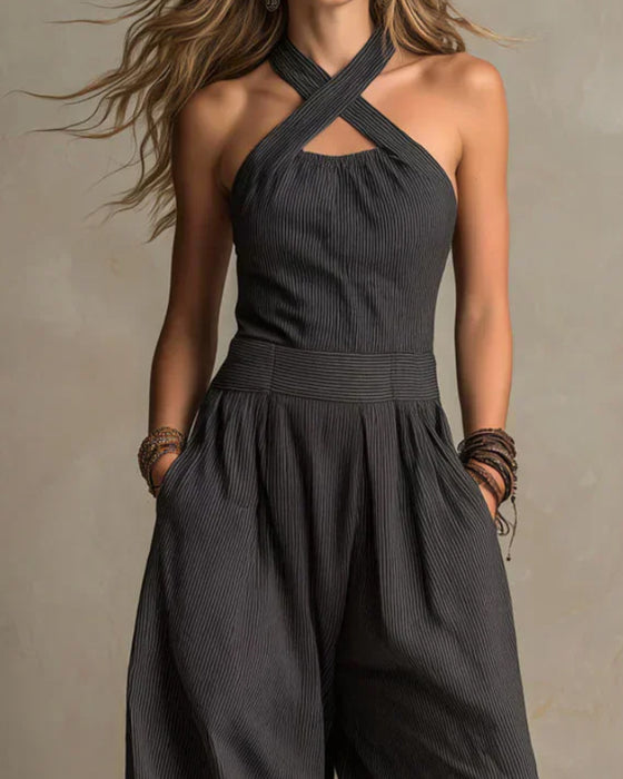 Jumpsuit Halter Kruis Mouwloos Streep