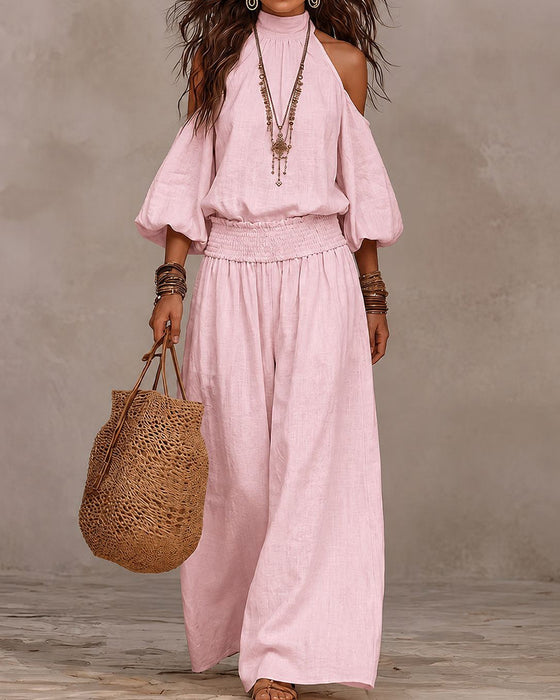 Set Off-Shoulder Lange Mouw Gerimpelde Broek