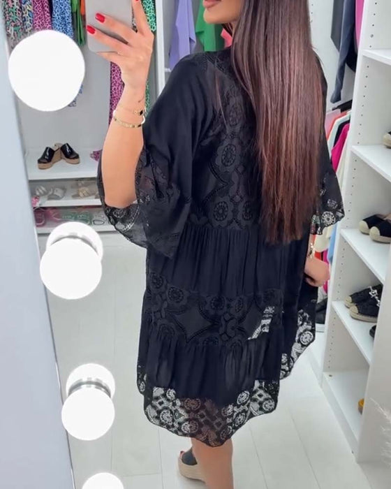 Effen kleur kanten elegante jurk met V-hals