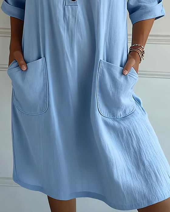 Jurk V-Hals Knoop Zak Halve Mouw