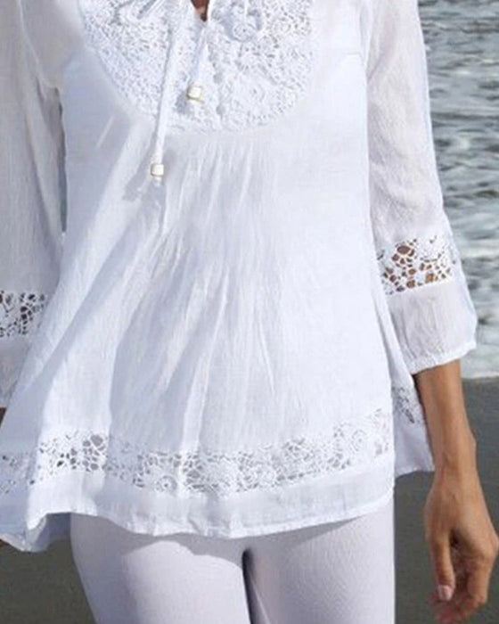 Blouse Ronde Hals Strik Kant Patchwork Effen