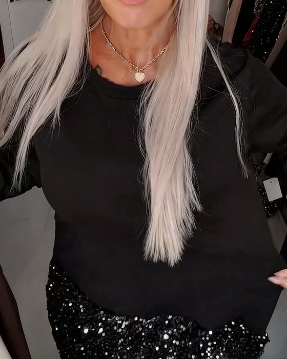 Jurk Ronde Hals Lange Mouwen Met Pailletten Patchwork