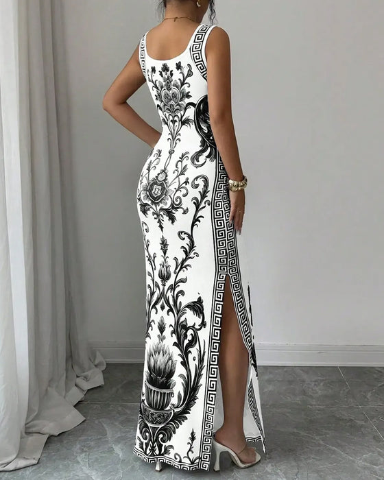 Jurk Porselein Blauw-Wit Mouwloos Split Maxi